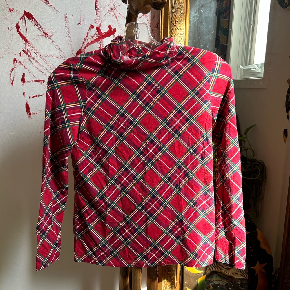 Talbots Petite Red Plaid Long Sleeve Turtleneck Tshirt Top Small.